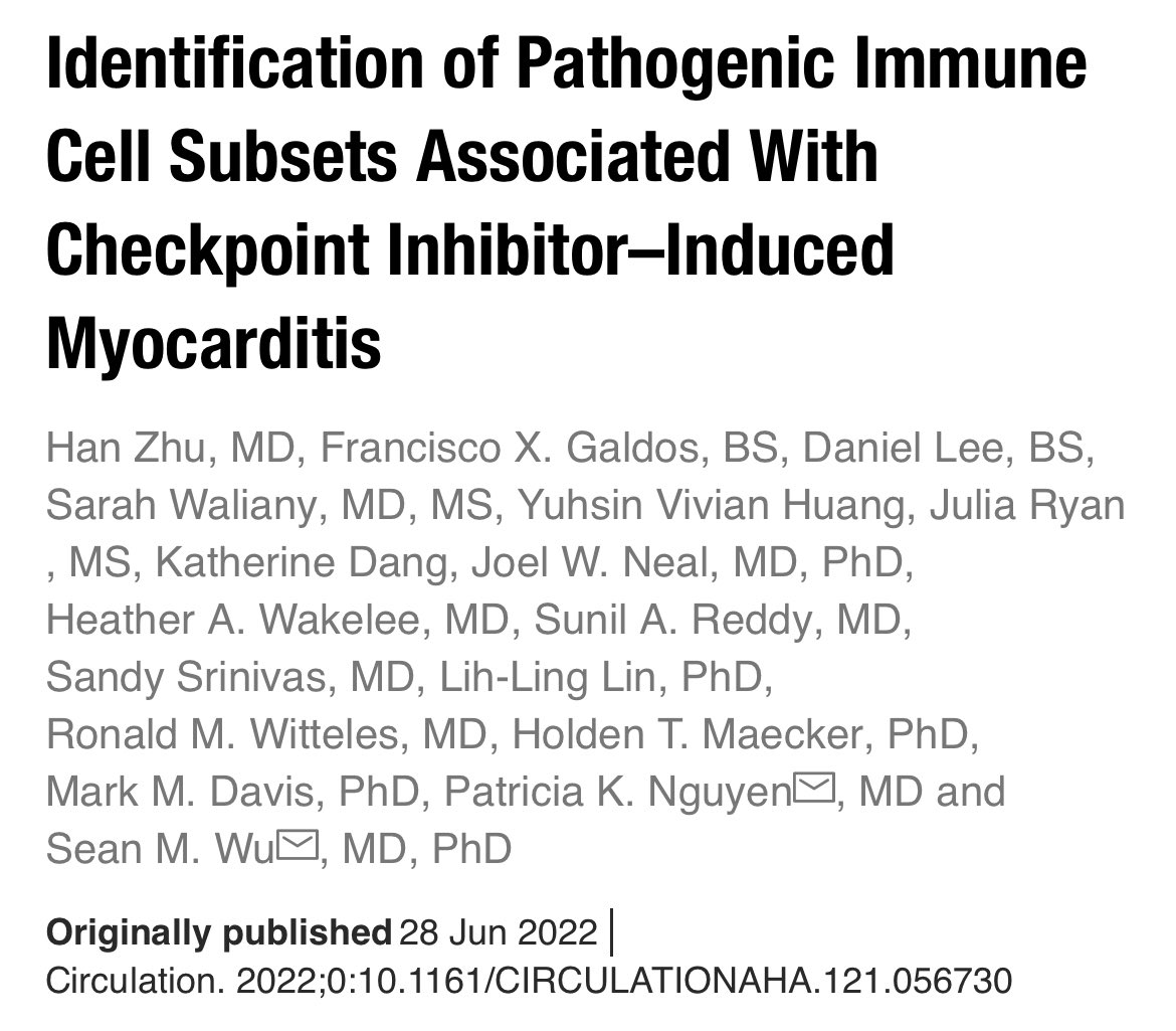 Thrilled to share our journey using single-cell multi-omics to do deep immunophenotyping in patients with ICI myocarditis @CircAHA #CardioOnc @SeanM_Wu @SingleCellMedia ahajournals.org/doi/10.1161/CI…