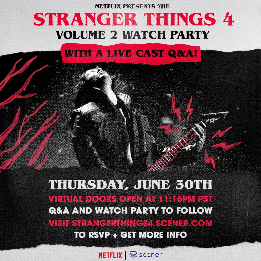 Stranger_Things's tweet image. ⚡️ ARE ⚡️ YOU ⚡️ READY? ⚡
join David Harbour, Brett Gelman, Jamie Campbell Bower and Joseph Quinn for a Q&amp;amp;A followed by a virtual watch party of STRANGER THINGS 4 Vol. 2 this Thursday powered by @scener!
RSVP now at strangerthings4.scener.com