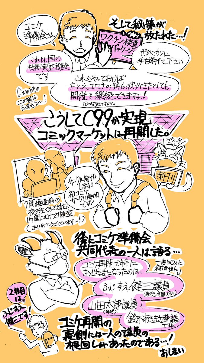 コロナで連続三回開けなかったコミケを執念の根回しで再開させた男についてのマンガです。

#C100
#表現の自由を守る参院選2022
#ふじすえ健三 #参院選2022 https://t.co/OpAfJ0IV5e 