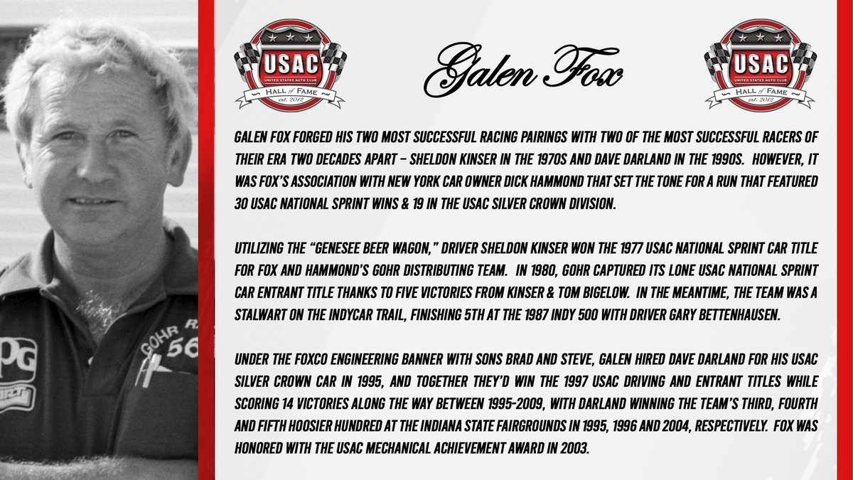 USAC Racing (@usacnation) on Twitter photo Few individuals have accumulated the sort of success & respect that Galen Fox has earned.
His accolades while turning the wrenches are legendary in <a href="/USACNation/">USAC Racing</a> racing.
Now, we get the chance to celebrate his induction into the USAC Hall of Fame this Thursday night at <a href="/RaceIRP/">Lucas Oil Indianapolis Raceway Park</a>. Few individuals have accumulated the sort of success & respect that Galen Fox has earned.
His accolades while turning the wrenches are legendary in <a href="/USACNation/">USAC Racing</a> racing.
Now, we get the chance to celebrate his induction into the USAC Hall of Fame this Thursday night at <a href="/RaceIRP/">Lucas Oil Indianapolis Raceway Park</a>.