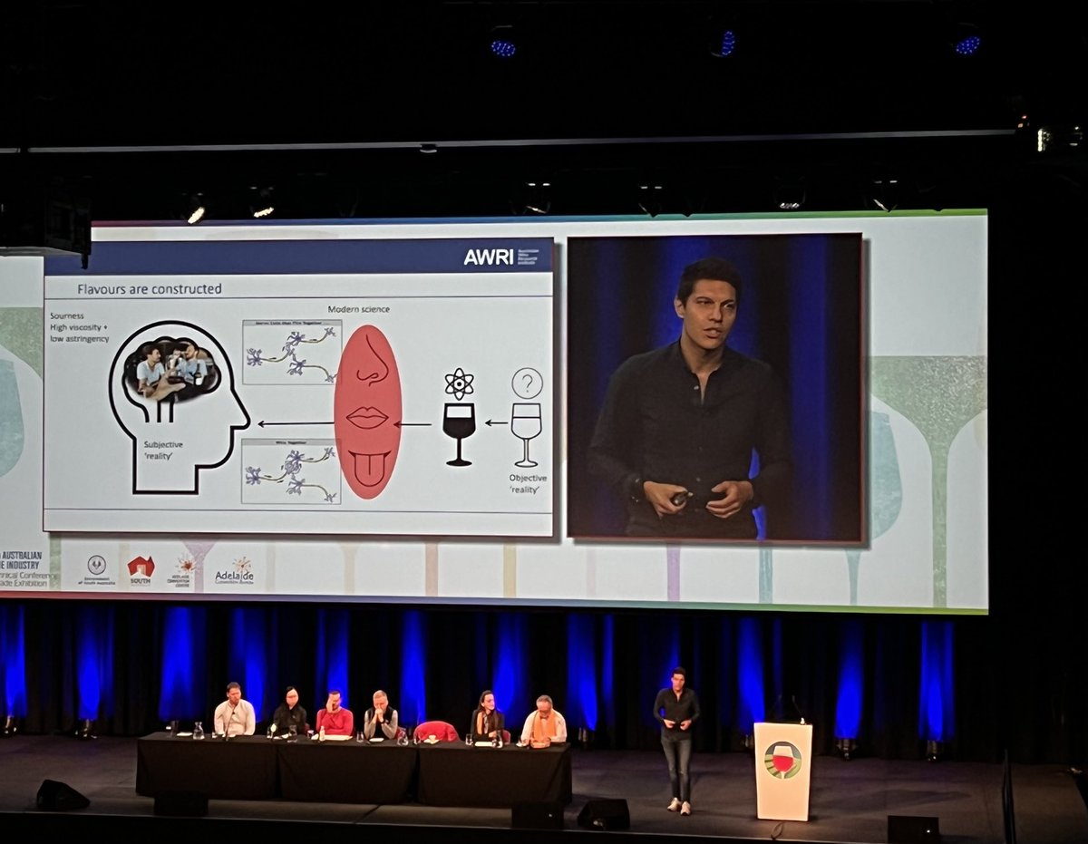 The_AWRI's tweet photo. Damian Espinase Nandorfy challenging the #18AWITC Fresh Science audience to think differently about wine flavour and in particular the role of amino acids https://t.co/YZs7rdDKAx