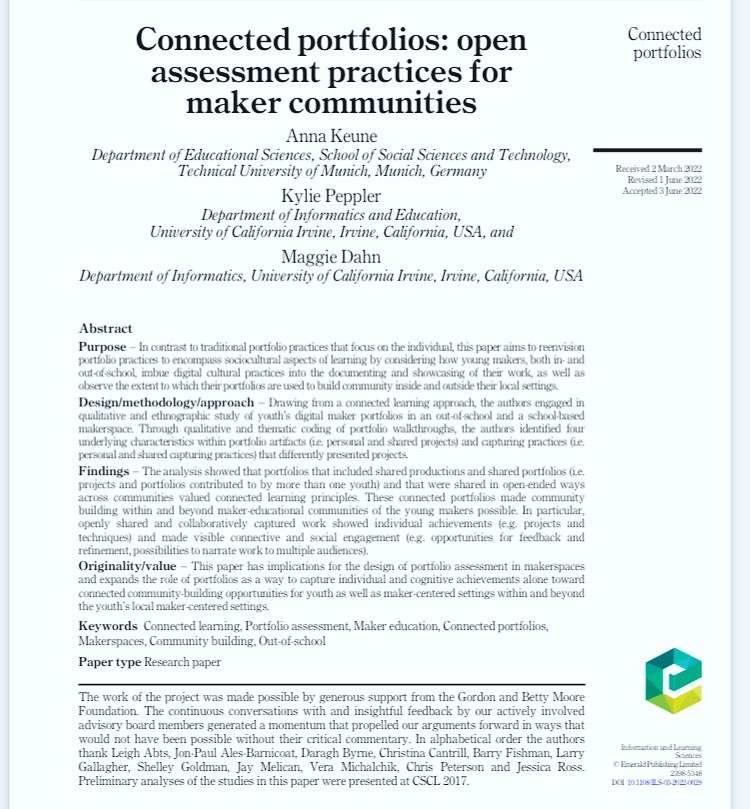 Anna Keune (@akeune) on Twitter photo #connectedportfolios are here to stay! #assessingmaking Loved working with <a href="/DrPeppler/">Kylie Peppler</a> & @maggiedahn on this. <a href="/InfoLearnJournl/">Information and Learning Sciences</a> was a dream too with really helpful reviews, a lightning speed publication process, and a very kind production team emerald.com/insight/conten… <a href="/MakerEdOrg/">Maker Ed</a> #connectedportfolios are here to stay! #assessingmaking Loved working with <a href="/DrPeppler/">Kylie Peppler</a> & @maggiedahn on this. <a href="/InfoLearnJournl/">Information and Learning Sciences</a> was a dream too with really helpful reviews, a lightning speed publication process, and a very kind production team emerald.com/insight/conten… <a href="/MakerEdOrg/">Maker Ed</a>
