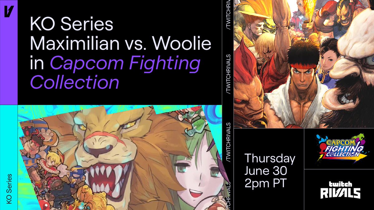 TwitchRivals's tweet photo. It’s gonna be a knockout 🥊

Twitch Rivals: KO Series – @maximilian_ vs. @WoolieWoolz in Capcom Fighting Collection

See who’s squad rocks across fighting game classics, Thursday, June 30 at 2pm PT at /twitchrivals  @CapcomUSA_ https://t.co/qvSKErCNXc