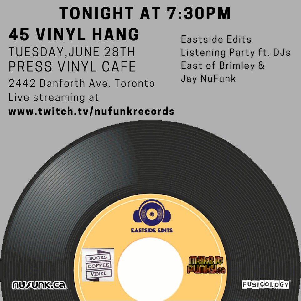 nufunk's tweet image. Tonight at #PressVinyl it’s a #45 Vinyl community hang with DJ Jay NuFunk &amp;amp; East of Brimley - Eastside Edits listening party!  Free beer!  
2442 Danforth Ave. Toronto #DanforthVillage