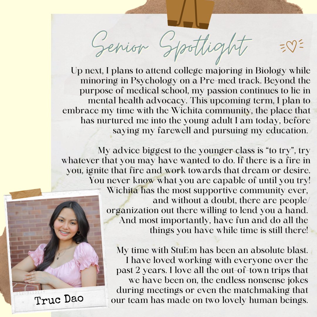 StuEmpowerment's tweet image. Grad highlights! 

Starting off this week is our 2020-22 Director, Truc! Graduating as Salutatorian of her class at South High, Truc is a United Way’s Aaron Joel Smith Memorial Youth Volunteer, Wichita Community Foundation’s Optimist Memorial, and Immigration Heritage Scholar!