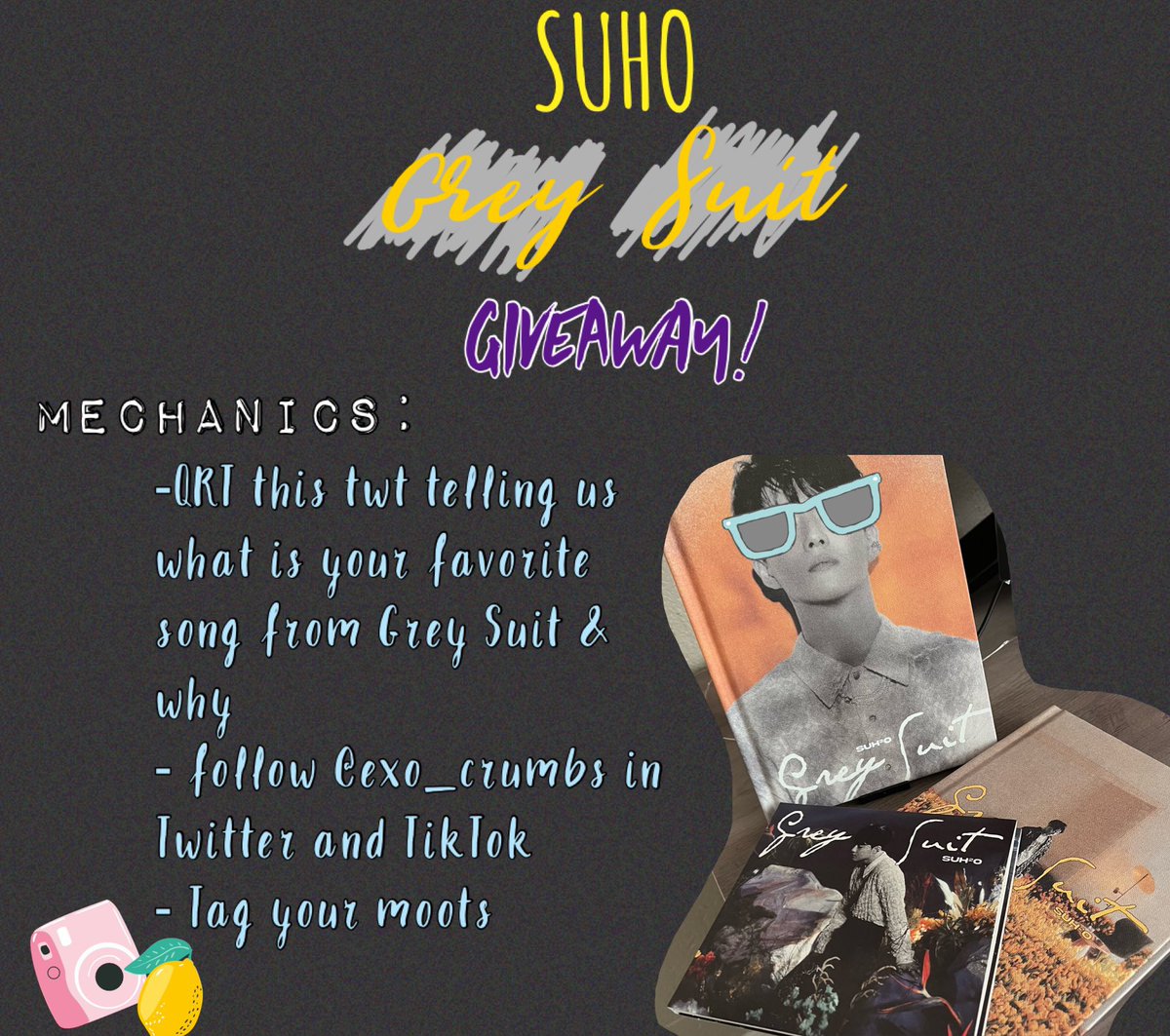 📣‼️GIVEAWAY‼️📣

SUHO - Grey Suit GA
-sponsored by <a href="/exo_crumbs/">exo_crumbs</a>!

Prize:
1 - Winner of Unsealed Grey Suit Colorful version
1 - Winner of Unsealed Grey Suit Grey version
1 - Winner of Digipack Version

Follow mechanics below to join!

#SUHO #SUHO_GreySuit 
#KTingsGiveaway