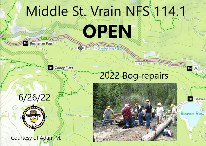 Bushducks's tweet image. CO PASS Page Update: 6/26/22 Mid St. Vrain Road FSR 114.1 OPEN! 🤩Bog repairs completed Trailridge Runners 4WD Club💪 More: bushducks.com/tripreps/passo…