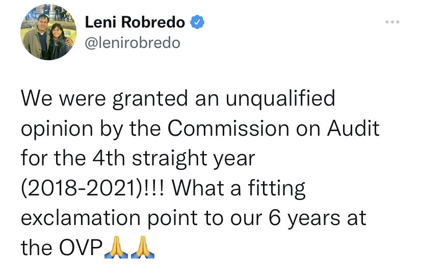 rapplerdotcom's tweet photo. Outgoing VP Leni Robredo is set to end her term with the OVP attaining its 4th straight unqualified opinion by the Commission on Audit for 2021. Robredo has always been proud of this, as it means the OVP’s financial statements are in order.  | via @maracepeda https://t.co/QvWtQiubJo