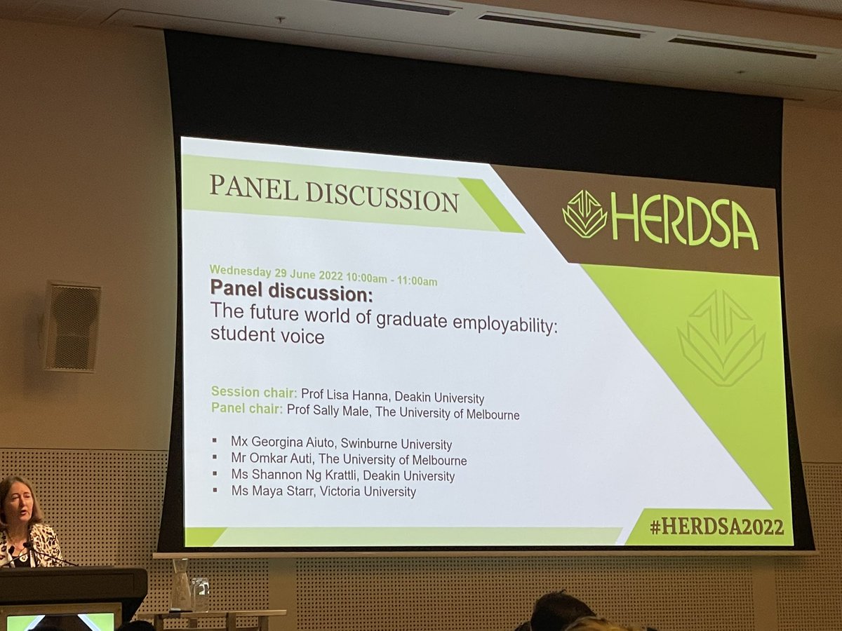 julesette's tweet photo. Prof Sally Male @UniMelb  kickstarting the panel discussion on the future world of graduate employability (student voice) @herdsa_conf #HERDSA2022 @GriffithBiz #Melbourne https://t.co/vwb3Q2GxtH
