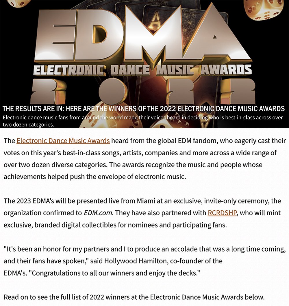 Winners are in. Almost 100K fans have spoken! EDMawards.net Huge love to <a href="/dmusicpool/">Digital Music Pool</a> <a href="/Lexus/">Lexus</a> <a href="/TheEDMNetwork/">EDM.com</a> <a href="/rcrdshp/">Rcrdshp</a> <a href="/revolution935fm/">Revolution 93.5</a>