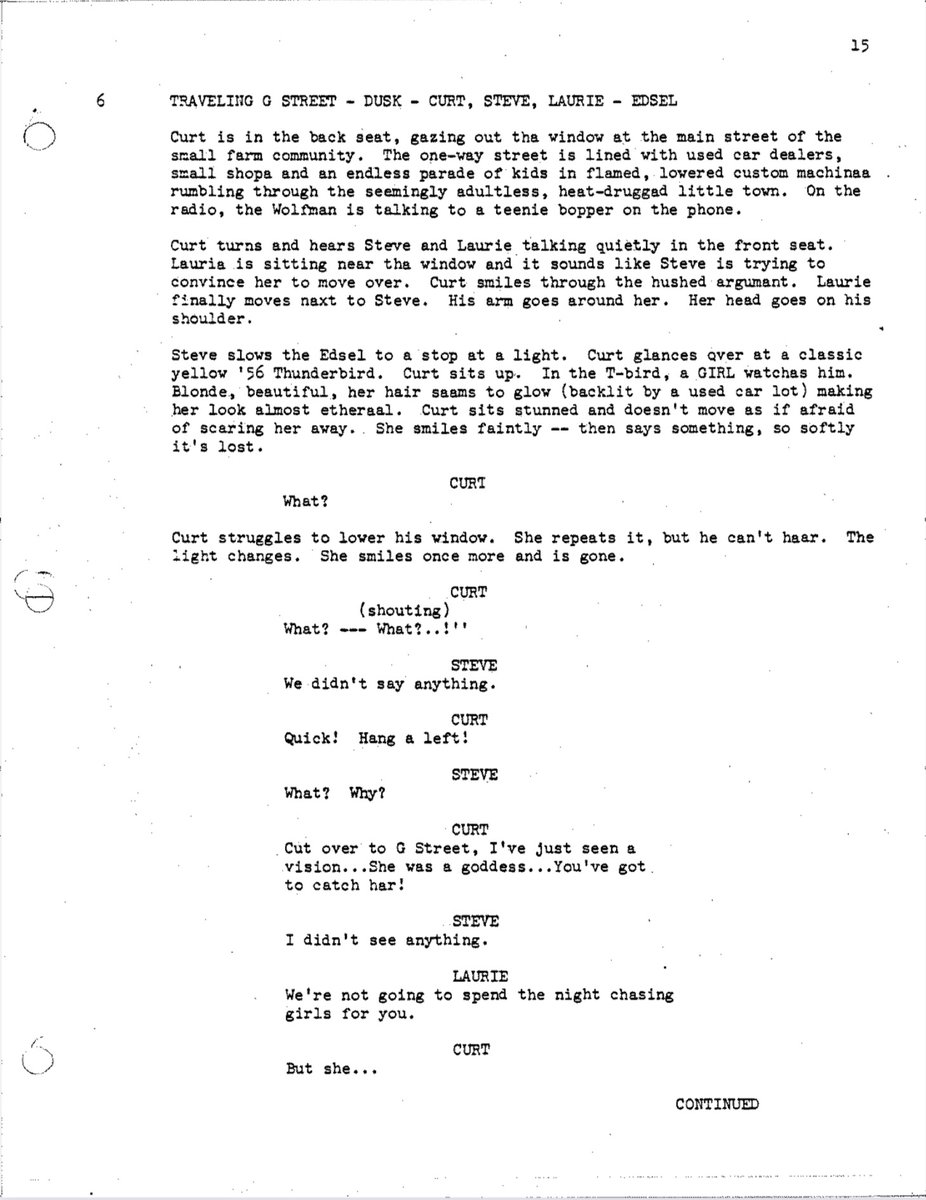 One_PerfectPage's tweet image. American Graffiti (1973) By George Lucas, Gloria Katz, Willard Huyck

Second Draft dated 5/10/72, Page 15