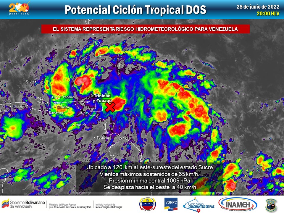 #28Jun #INAMEHInforma Potencial Ciclón Tropical DOS Ubicación a las 20:00 HLV: 120 km al ESE del estado Sucre Vientos máximos sostenidos: 65 km/h ¡ATENTOS! A los avisos y alertas que se están emitiendo en relación a este sistema meteorológico