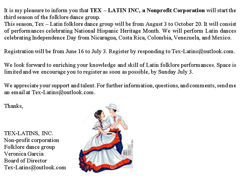 Tex - Latins Folklore group registration open ♥️@DCEtrailblazers <a href="/gowilsonrangers/">Wilson Elementary</a>