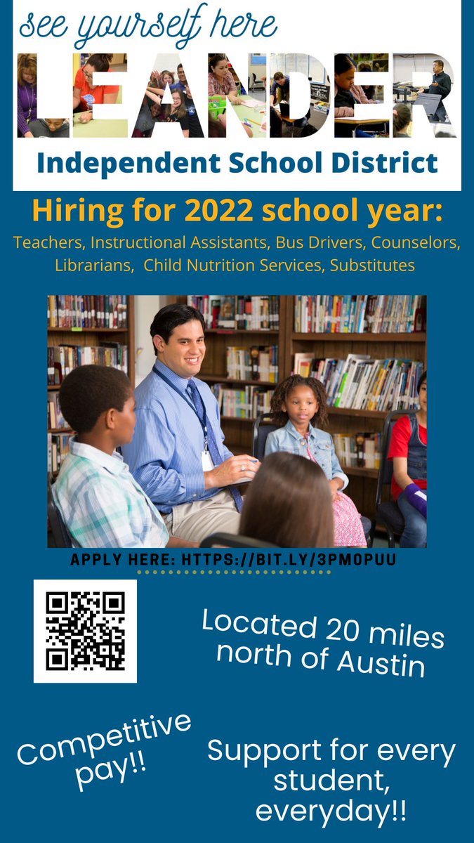 <a href="/LISDCareers/">Leander ISD HR</a> is excited for the 2022-2023 school year!!  Check out our <a href="/LeanderISD/">Leander ISD</a> careers page and see if this might be the place for you!  Find out more: bit.ly/3PM0Puu    <a href="/jendunn68/">jendunn68@gmail.com</a> @LISD_Counseling @LISD_SPROG <a href="/TarvinES/">Tarvin ES</a> <a href="/lisag_lisd/">lisa gibbs</a> <a href="/TomGlennHS/">Tom Glenn High School</a> <a href="/rbmstweet/">rbmstweet</a>