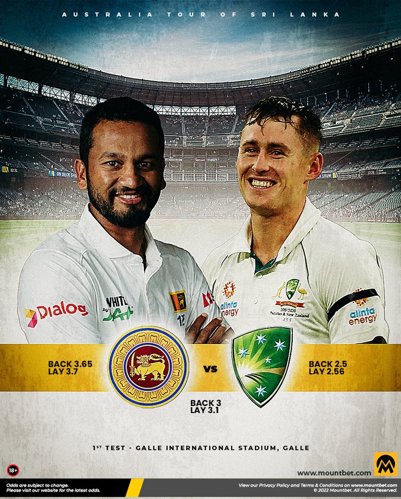 MountBet's tweet photo. #SriLanka 🇱🇰 will face Australia 🇦🇺 in the first game of the 2-match Test series at Galle🏟

❓️Can #Australia make a strong comeback after losing the 5-match ODI series💪 

✅️With extremely close odds, be sure to check them before making your pick ✌️

#testcricket | #SLvAUS https://t.co/Fas6VzPlAZ