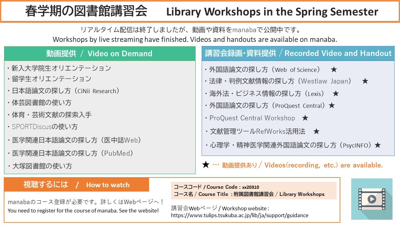 筑波大学附属図書館 講習会 春の図書館講習会のリアルタイム配信は終了しましたが Manabaで録画やオンデマンド動画 資料を公開中です レポートや論文を作成する時など ぜひご活用ください 視聴するためには Manabaでコース登録が必要です 登録方法