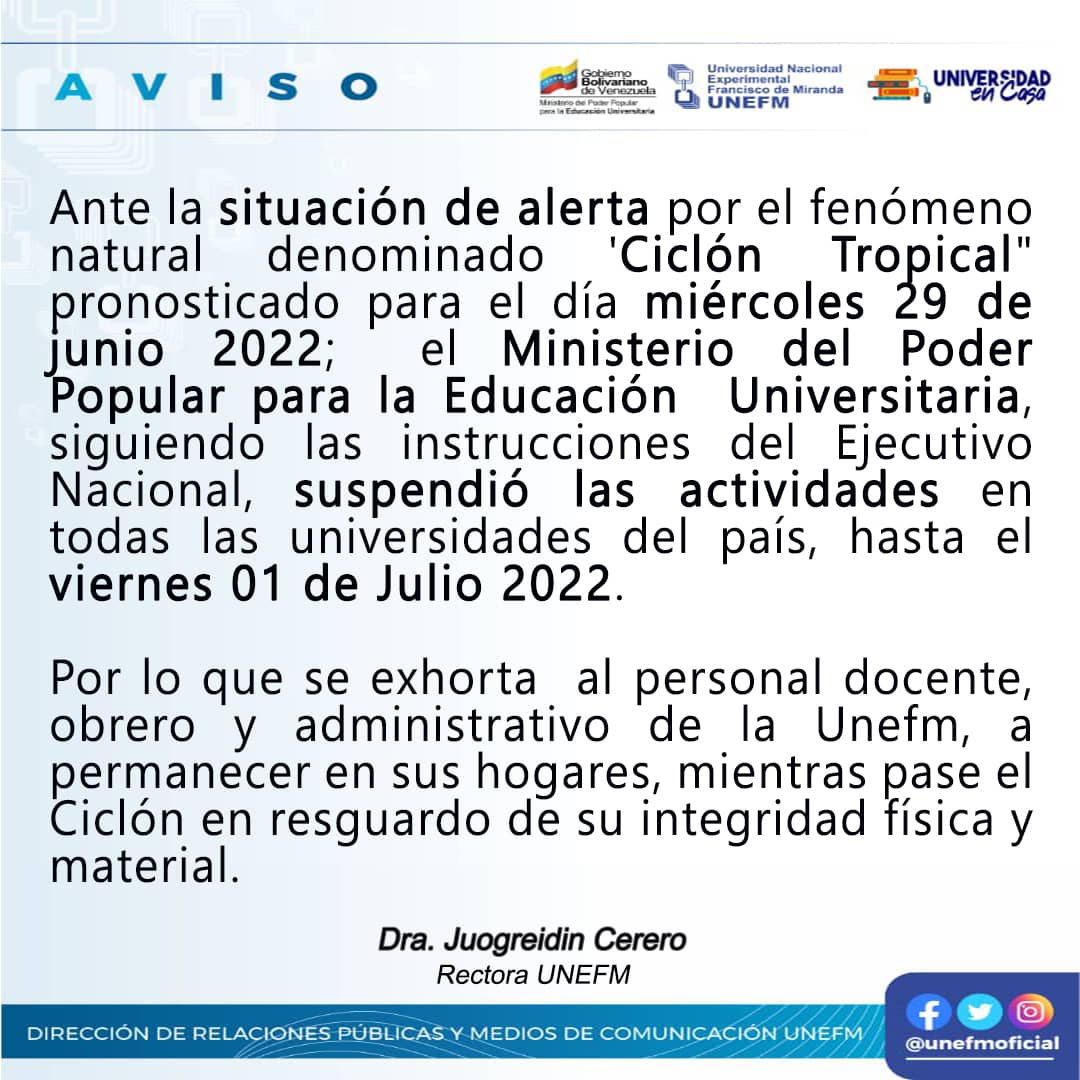 La UNEFM suspende actividades por el paso del Ciclón Tropical DOS