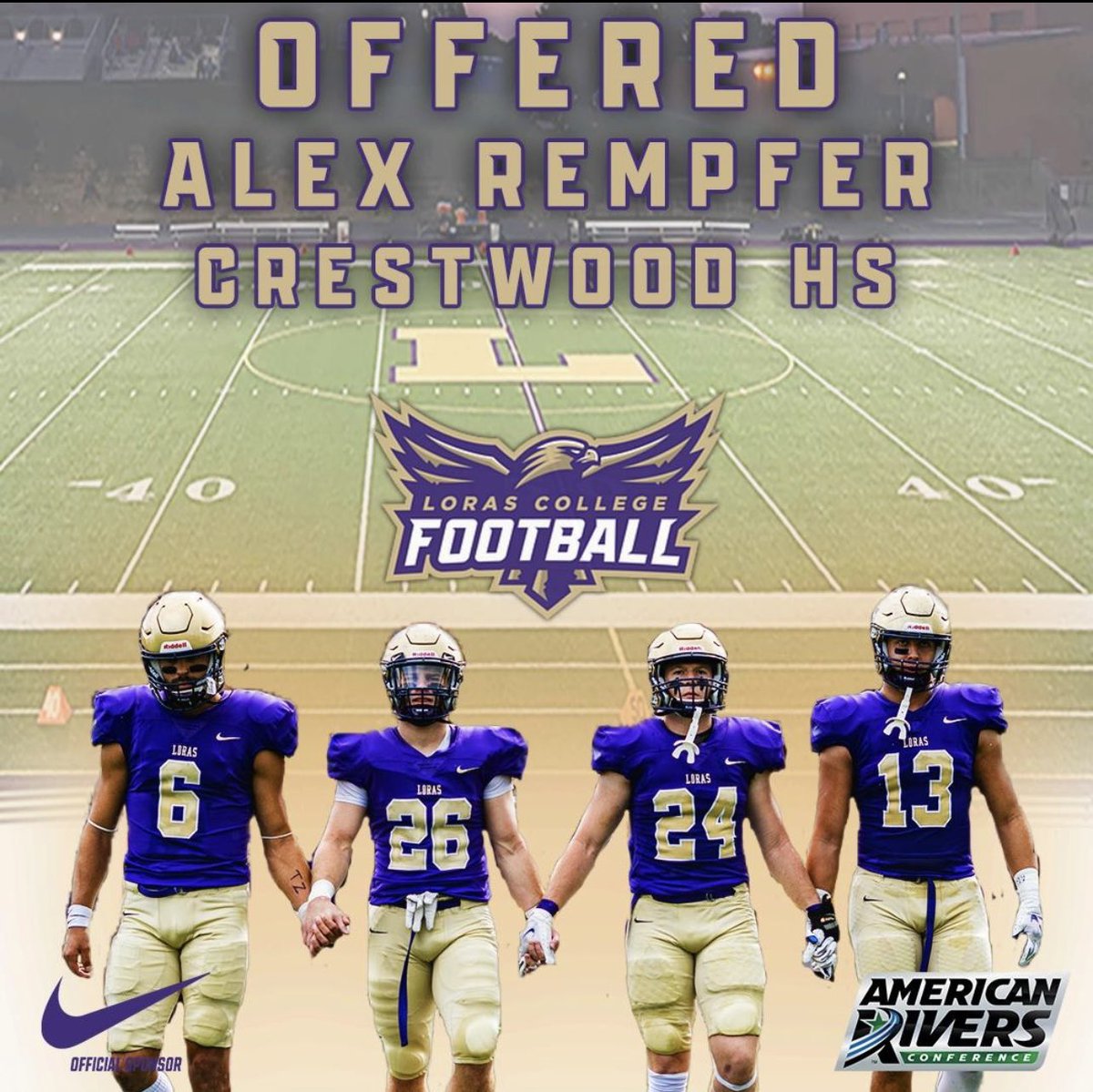 After a awesome visit and talk with <a href="/CoachHLorasFB/">Steve Helminiak</a> and <a href="/CoachJakeOlsen/">Jake Olsen</a> I’m excited to receive an offer from <a href="/LCFBRecruiting/">Loras College Football Recruiting</a>!