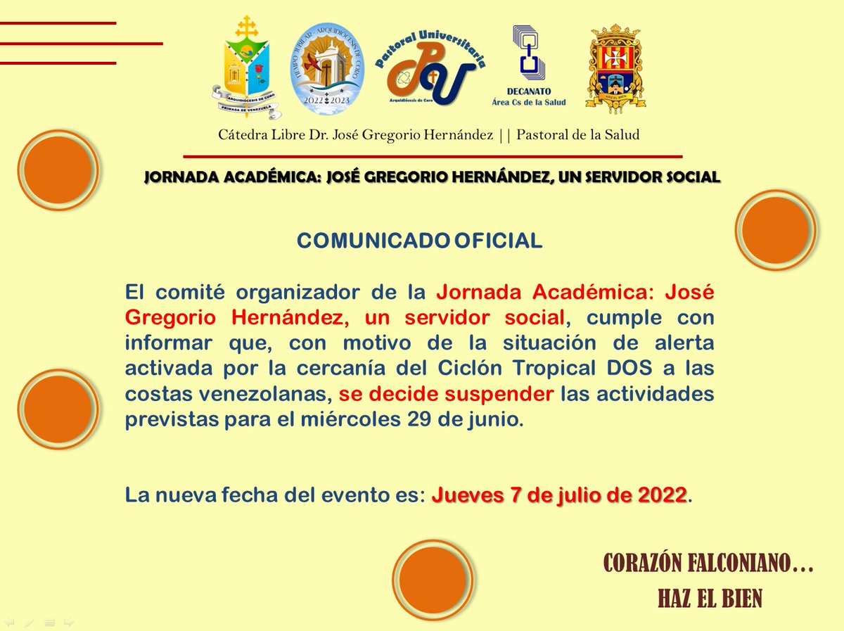 Se suspende hasta el próximo 7 de julio la jornada académica 'José Gregorio Hernández: un servidor social