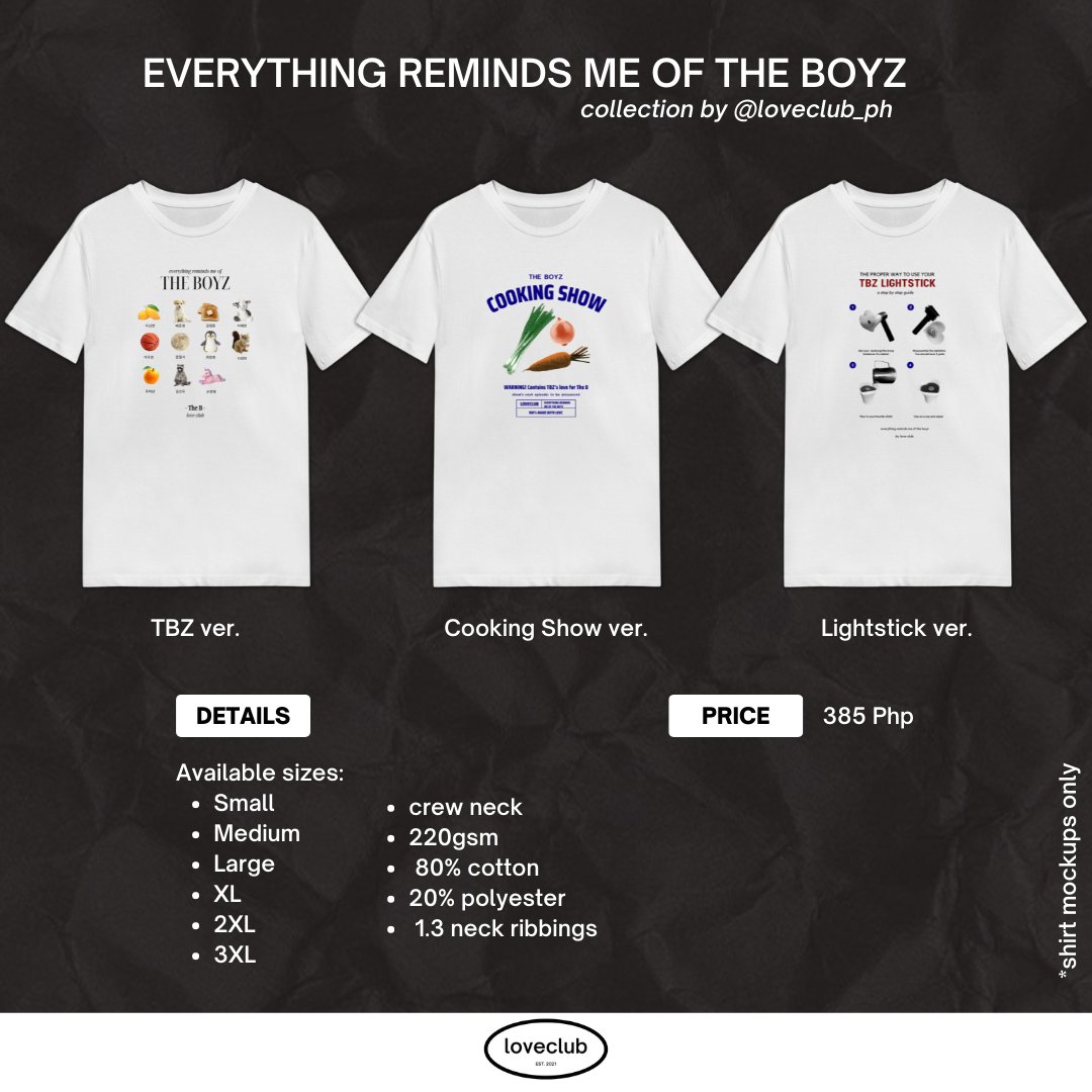 [ wts lfb tbz ph | help rt ] 

Everything Reminds Me of The Boyz 
collection by @loveclub_ph 

- See Details on pics and on the order form 

DOO/DOP: July 10, 2022
MOP : Gcash/BDO
MOD: sco/ggx

ETA: 3-4 Weeks after DOP

Order here: forms.gle/PfbA7a52BrSEAf…