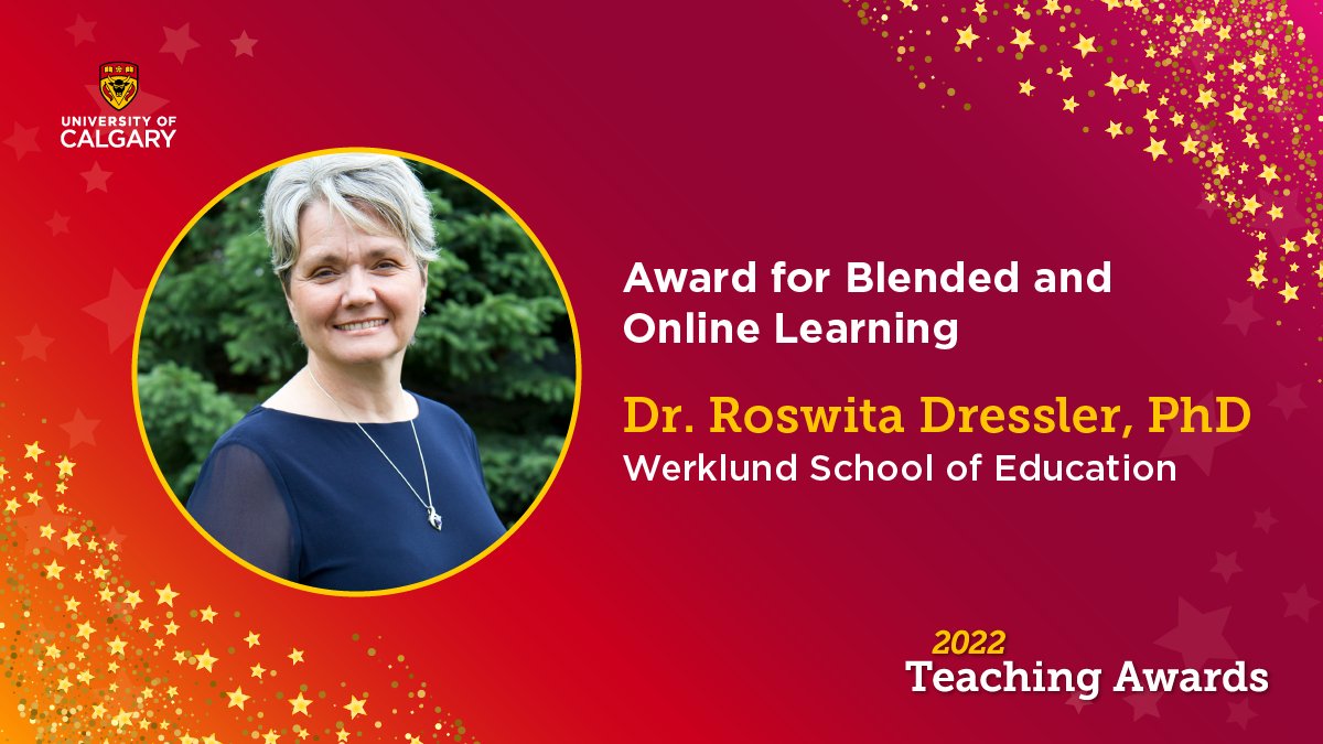 UCalgary_TI's tweet photo. This year’s Award for Blended and Online Learning goes to Dr. Roswita Dressler, PhD, @rahdressler from the Werklund School of Education @UCalgaryEduc. Congratulations Roswita! #2022TeachingAwards https://t.co/mvrfPQiS20