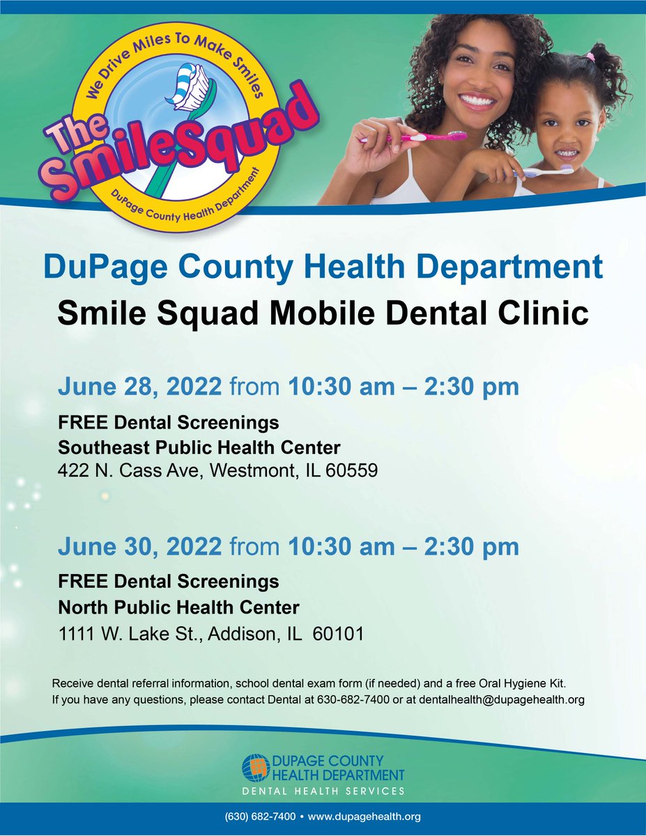 The DuPage County Health Department (<a href="/DuPageHD/">DCHD</a>) will host a free dental clinic on June 30 in Addison. See the details below!