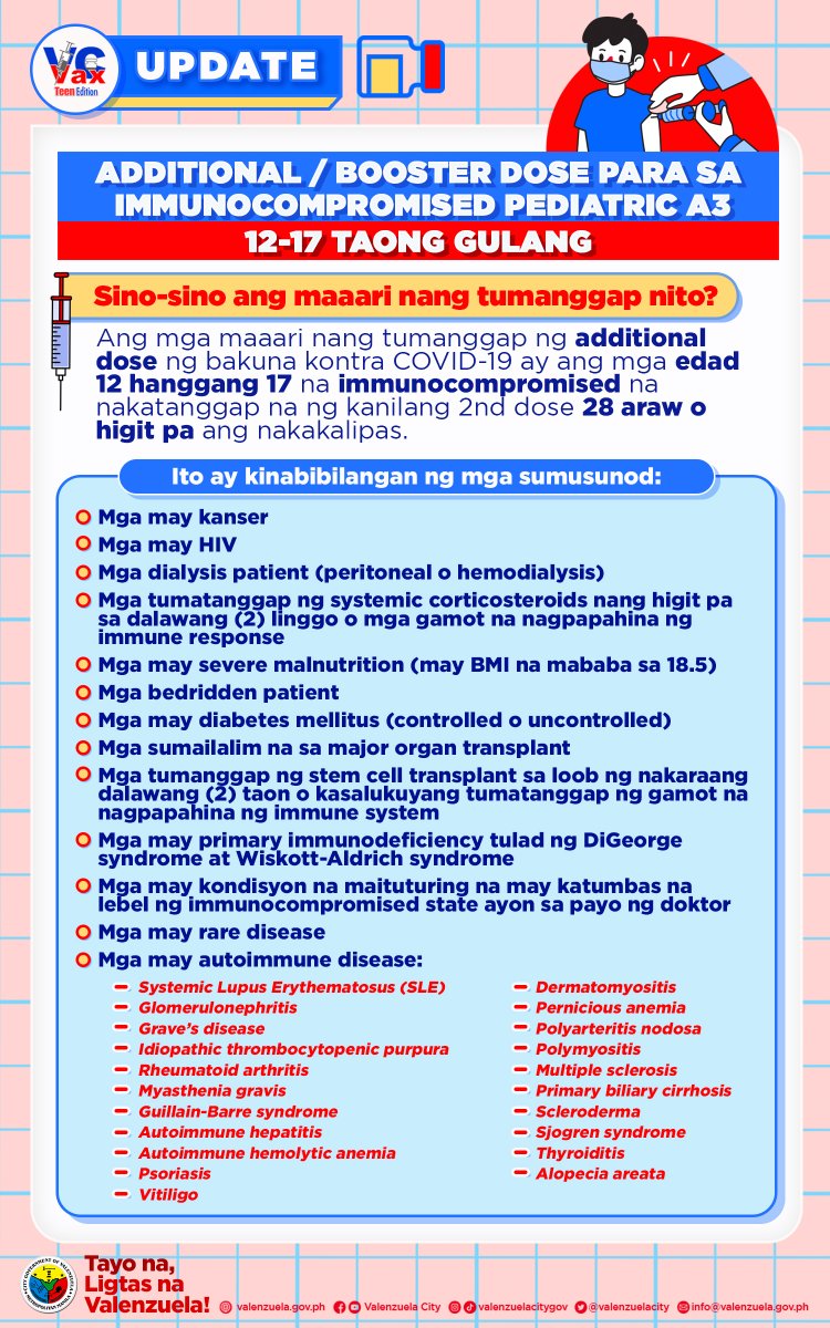 valenzuelacity's tweet photo. #VCVaxTeens UPDATE:
Nagsimula na ngayong araw sa Valenzuela City Astrodome ang pagbabakuna ng ADDITIONAL / BOOSTER DOSE para sa IMMUNOCOMPROMISED TEENS edad 12 hanggang 17!
Sino-sino ang mga kwalipikado at paano ba mapapabakunahan ang inyong anak? Narito ang mga detalye: https://t.co/XtPbnk1ver
