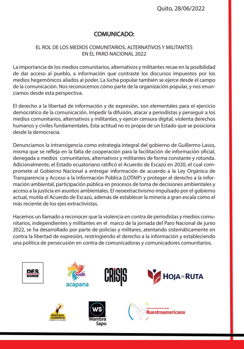 CentroDePrensa's tweet photo. #Comunicado 📃 

Frente a las violaciones sistemáticas, del gobierno de @LassoGuillermo, a los derechos de lxs manifestantxs y lxs comunicadorxs popularxs y alternativxs en el marco del #ParoNacional2022 #ParoNacional2022Ec; nos pronunciamos 👇🏾 https://t.co/byLoMXzGTV