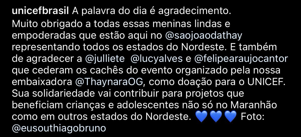 iamgabxxs's tweet photo. segundo a unicef, juliette, lucy alves e felipe araujo cederam o cachê como doação #SãoJoãoDaThay https://t.co/odn21KX7gV