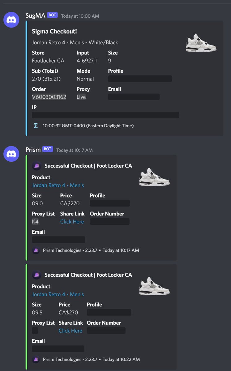 ty 4 the 4s @PrismAIO & @sigmabots. proxies: @KaBoomProxies for 7/8, @LiveProxies for 1/8. CG: @notify.