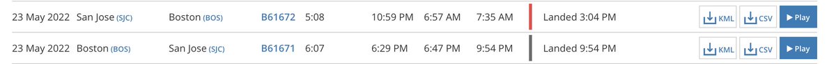 The two-day meltdown of BOS-SJC in May before getting canceled:
5/22 BOS-SJC delayed to 5/23 as B68071, diverted to MKE, got to SJC 16 hrs late and SJC-BOS left that the evening as B68072. 
5/23 BOS-SJC arrived on time but outbound SJC-BOS delayed 8 hrs to next morning.