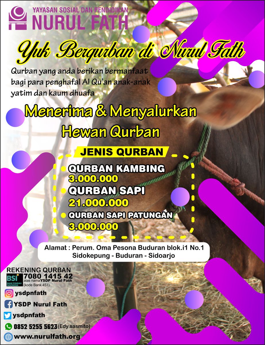 Antoni_alfath's tweet photo. QURBAN  DI PANTI ASUHAN NURUL FATH AJA
.
.
𝗥𝗲𝗸𝗲𝗻𝗶𝗻𝗴 Qurban : 
Bank Syariah Indonesia 
7080 1415 42 
a.n 𝗬𝗦𝗗𝗣 𝗡𝘂𝗿𝘂𝗹 𝗙𝗮𝘁𝗵 
𝗜𝗻𝗳𝗼𝗿𝗺𝗮𝘀𝗶
0852 3255 5623 
𝙀𝙙𝙮 𝙎𝙖𝙨𝙢𝙞𝙩𝙤 
#qurban  #sidoarjo #sidoarjoqurban #ysdpnfath #qurbansidoarjo https://t.co/aRAH5rv4Fv