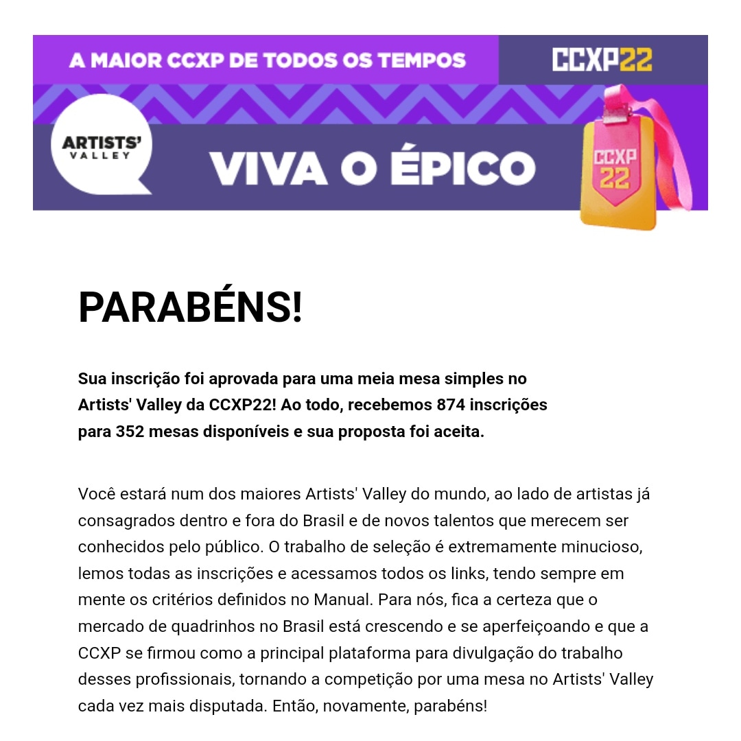 É com grande satisfação que o <a href="/profeciacomics/">Profecia Comics</a> recebe o resultado de aprovação para o Artist Valley 2022 da <a href="/ccxpoficial/">CCXP</a> #profeciacomics #CCXP