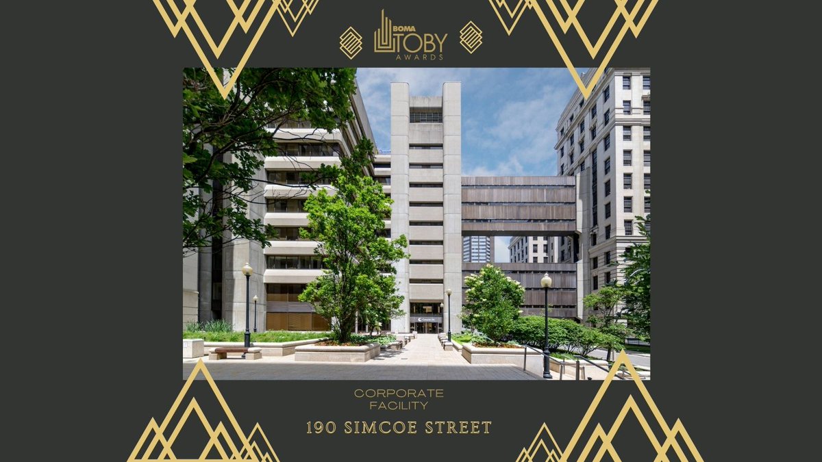 BOMAIntl's tweet photo. And our first award of the night: Congratulations to 190 Simcoe Street in Toronto for winning the @BOMAIntl #TOBYAward in the Corporate Facility category! This property, managed by Great-West Life Realty Advisors, also is a #BOMA360 designee. #CRE #TOBYAwards #BOMA2022 https://t.co/uscJQLHrR7