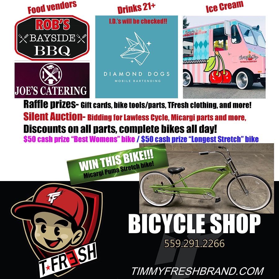 TimmyFreshBrand's tweet photo. Come celebrate our shop anniversary and join our huge bike ride! Saturday, July 19th!! #timmyfreshbrand #timmyfresh #bikeride #clovis https://t.co/8m4MLP5BU3