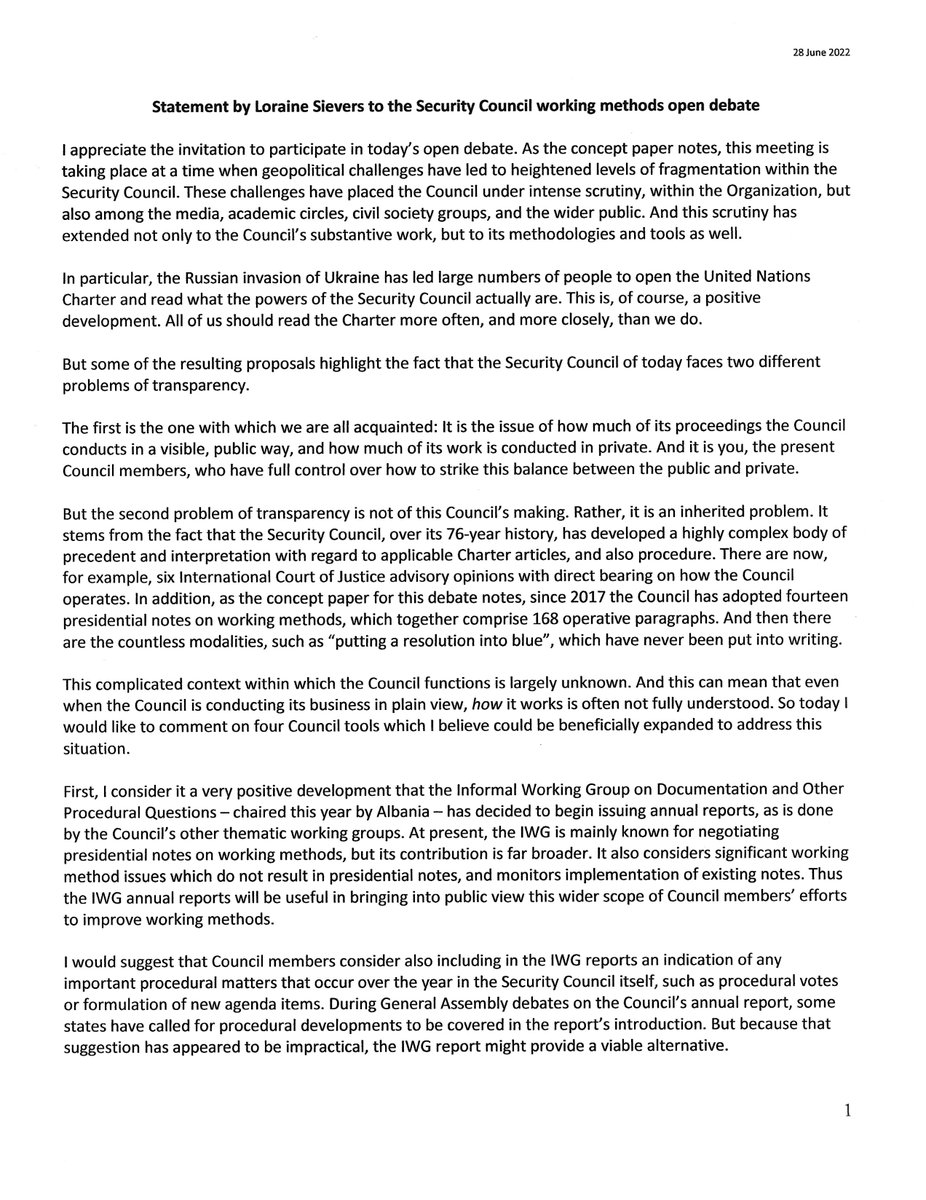 SCProcedure's tweet image. Statement by Loraine Sievers in #UNSC Open Debate on #WorkingMethods 👇