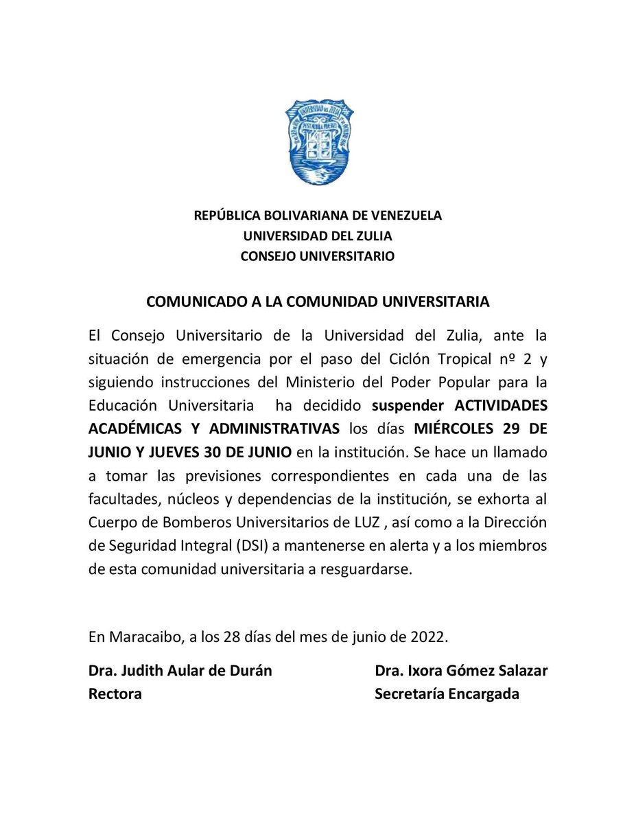 #ATENCION Comunicado del Consejo Universitario de la Universidad del Zulia a la comunidad universitaria.
