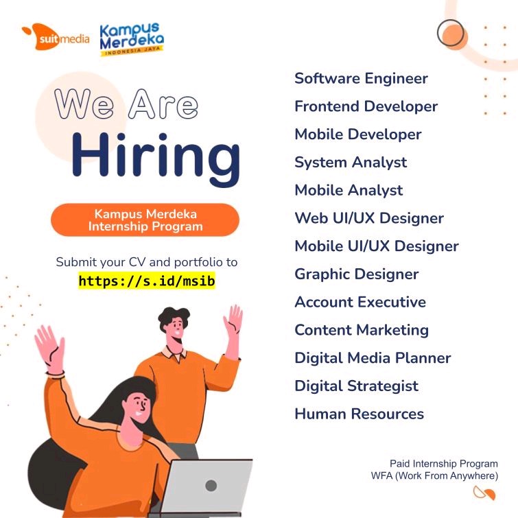 suitmedia's tweet photo. Magang Bersertifikat - Kampus Merdeka @ Suitmedia : https://t.co/HiPWJ80LE7 #internship #wfa https://t.co/P7FjMQwheg