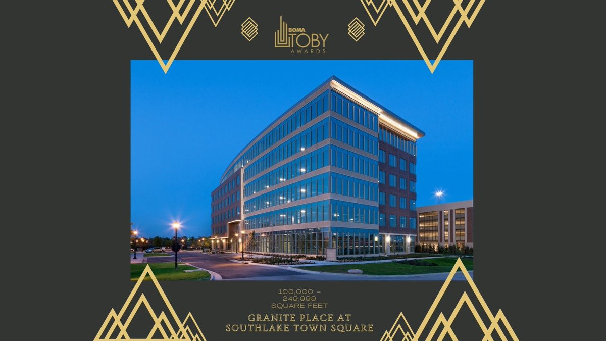 Congratulations to Granite Place at Southlake Town Square for winning the #TOBYAward in the 100,000-249,999 Square Feet category! Managed by Granite Properties and located in Southlake, Texas, this property sets the bar high! #CRE #TOBYAwards #BOMA2022