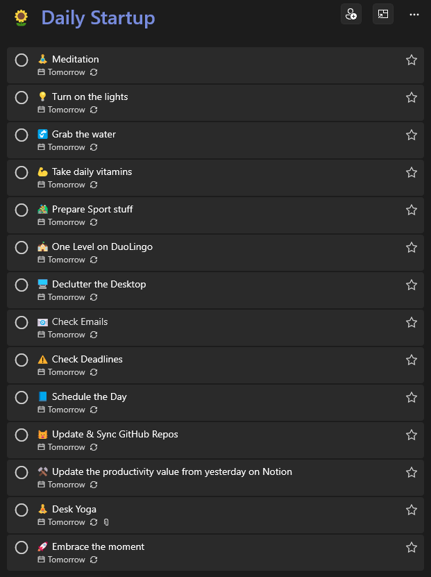 kasuken's tweet photo. This morning I rearranged my daily startup routine because I had to change some of my habits recently.
And yes, I added "Meditation". I started meditating a few days ago and it is perfect!
For "Update & Sync GitHub Repos" -> https://t.co/6F05CtWWus
#dailystartup #habits https://t.co/GbKswRKRN4