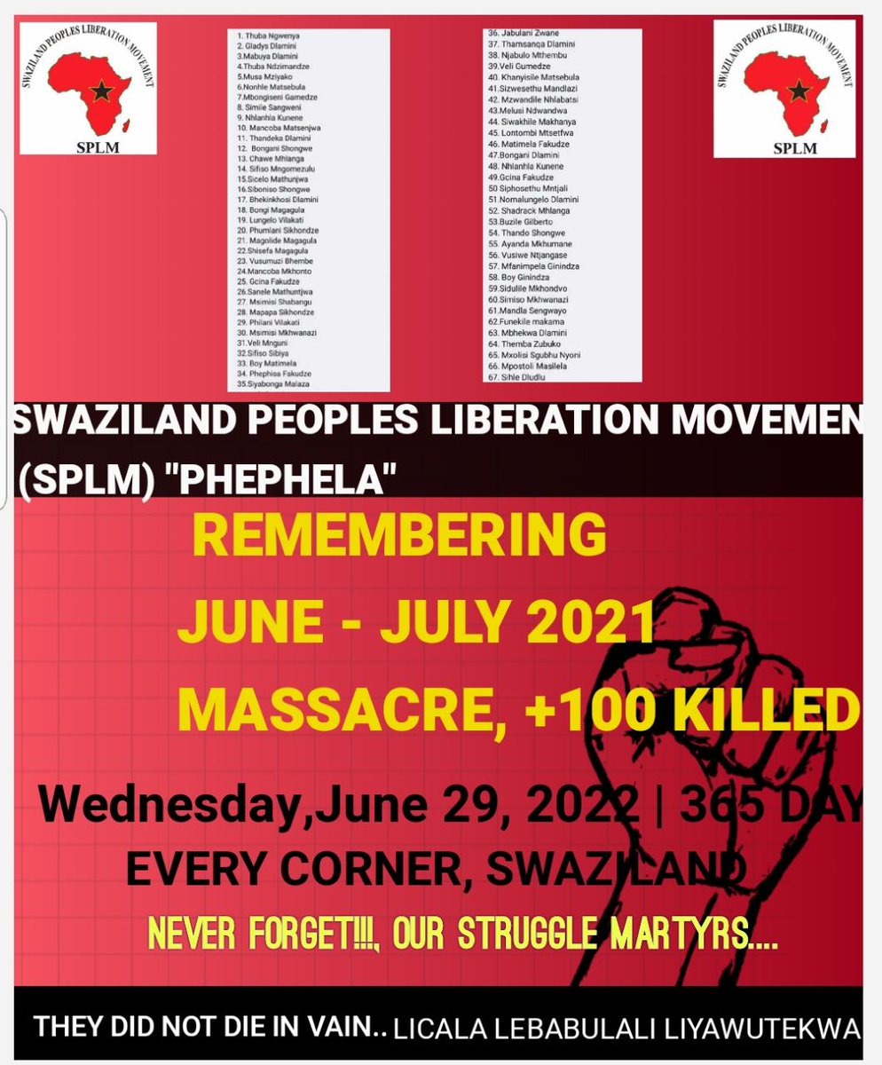 SPLMofficial's tweet photo. We will never forget what the brutal Mswati regime did to our people. 
#EswatiniProtests 
#29Jun2022 https://t.co/qHpvlRdVEe