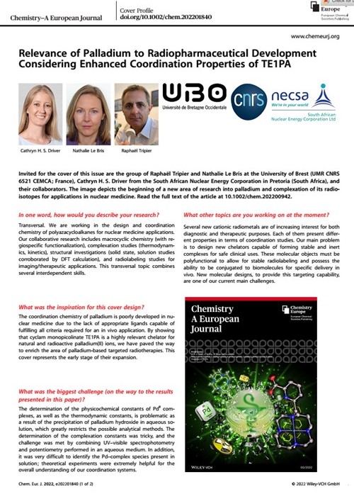 Raphaël Tripier & MAC Research Group (@rtripier) on Twitter photo Very happy to present our new paper on 109-Pd radiolabeling in <a href="/ChemEurJ/">ChemEurJ: Chemistry - A European Journal</a> with the cover profile.
<a href="/necsa_Ltd/">Necsa_ Official Page</a> @INC_CNRS <a href="/UBO_UnivBrest/">UBO - Univ. Brest</a> <a href="/UMR_6521/">CEMCA - UMR CNRS 6521</a> Very happy to present our new paper on 109-Pd radiolabeling in <a href="/ChemEurJ/">ChemEurJ: Chemistry - A European Journal</a> with the cover profile.
<a href="/necsa_Ltd/">Necsa_ Official Page</a> @INC_CNRS <a href="/UBO_UnivBrest/">UBO - Univ. Brest</a> <a href="/UMR_6521/">CEMCA - UMR CNRS 6521</a>