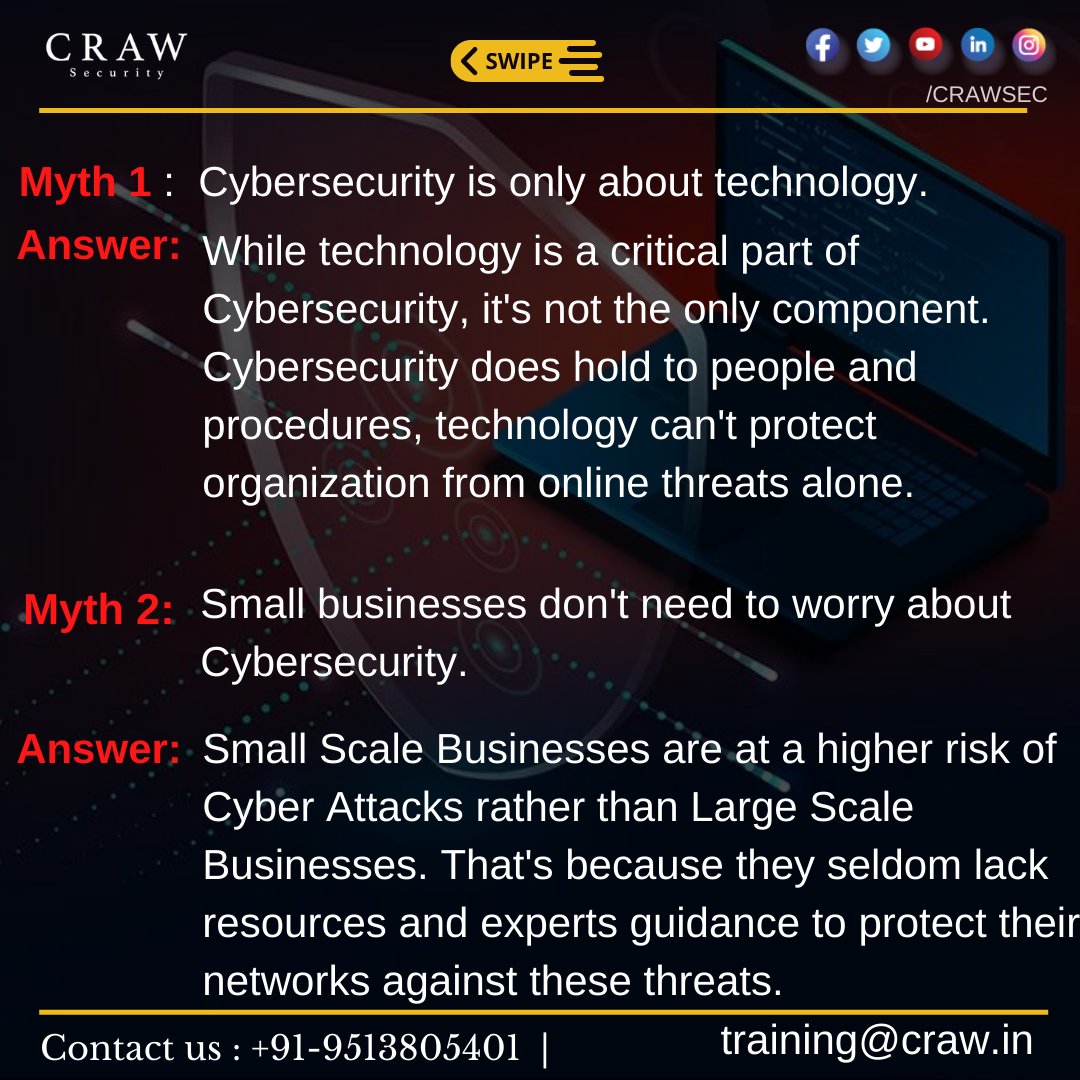 CrawSecurity's tweet photo. @crawsec There are several Myths and Realities related to Cyber Security that we dedicatedly need to understand before we start making our careers in Cyber Security. https://t.co/9DPXlj8fh7