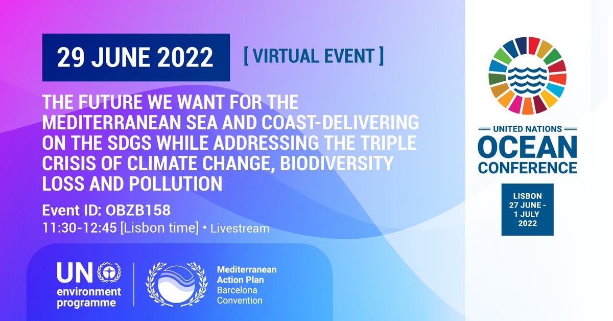 📢 Happening today 

Join us online for this virtual <a href="/UNEPMAPNews/">Mediterranean Action Plan (MAP)</a> side-event that will start today at 12:30 CET (11:30 Lisbon time). #BarcelonaConvention #Act4Med 

Register (Zoom): bit.ly/3OraYLX

Livestream: youtube.com/c/SPARACinfos

Learn more: bit.ly/UNEPMAP-UNOC