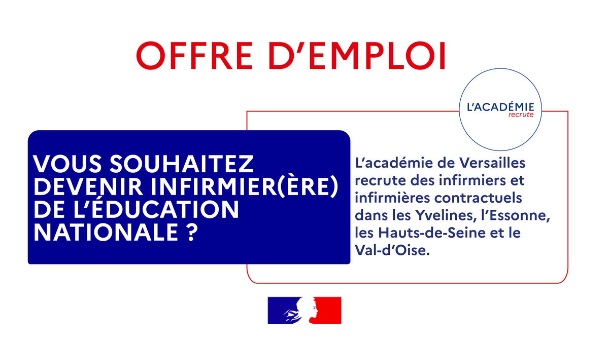 #Emploi
L’académie de Versailles recrute des infirmiers et infirmières contractuels dans les Yvelines, l’Essonne, les Hauts-de-Seine et le Val-d’Oise.

Vous aussi, rejoignez l'académie ➡ ac-versailles.fr/vous-souhaitez…
