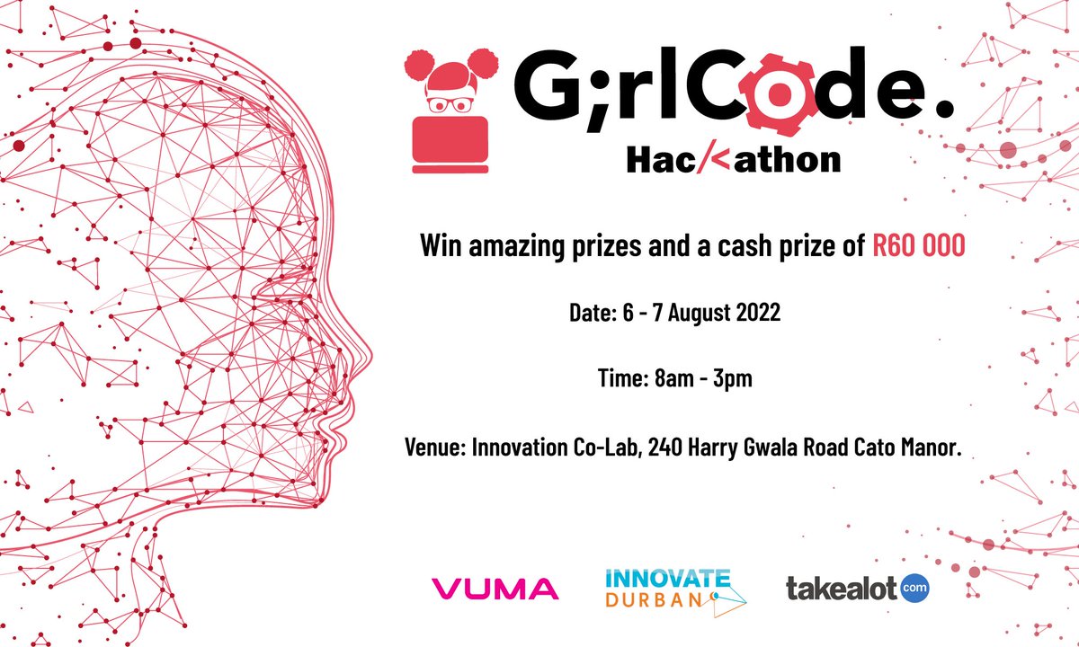 GirlCode_za's tweet photo. If you are still not convinced, here are four reasons why you should attend the hackathon.

✅Amazing sponsors
✅R60 000.00 cash prize for the winning team
✅Laptops for the winning team
✅R1000 Takealot voucher for each member of the winning team
Register to secure your spot. https://t.co/CRIS6LIi2m