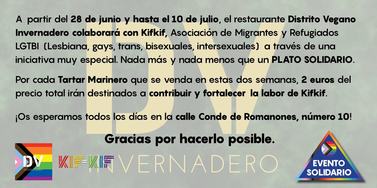 Muchas gracias a <a href="/DistritoVegano/">Distrito Vegano®</a> por colaborar con nosotras en estas fechas tan señaladas del #Orgullo

¡No os perdáis ese plato solidario! Recordad que están en la calle Conde de Romanones número 10!🥰