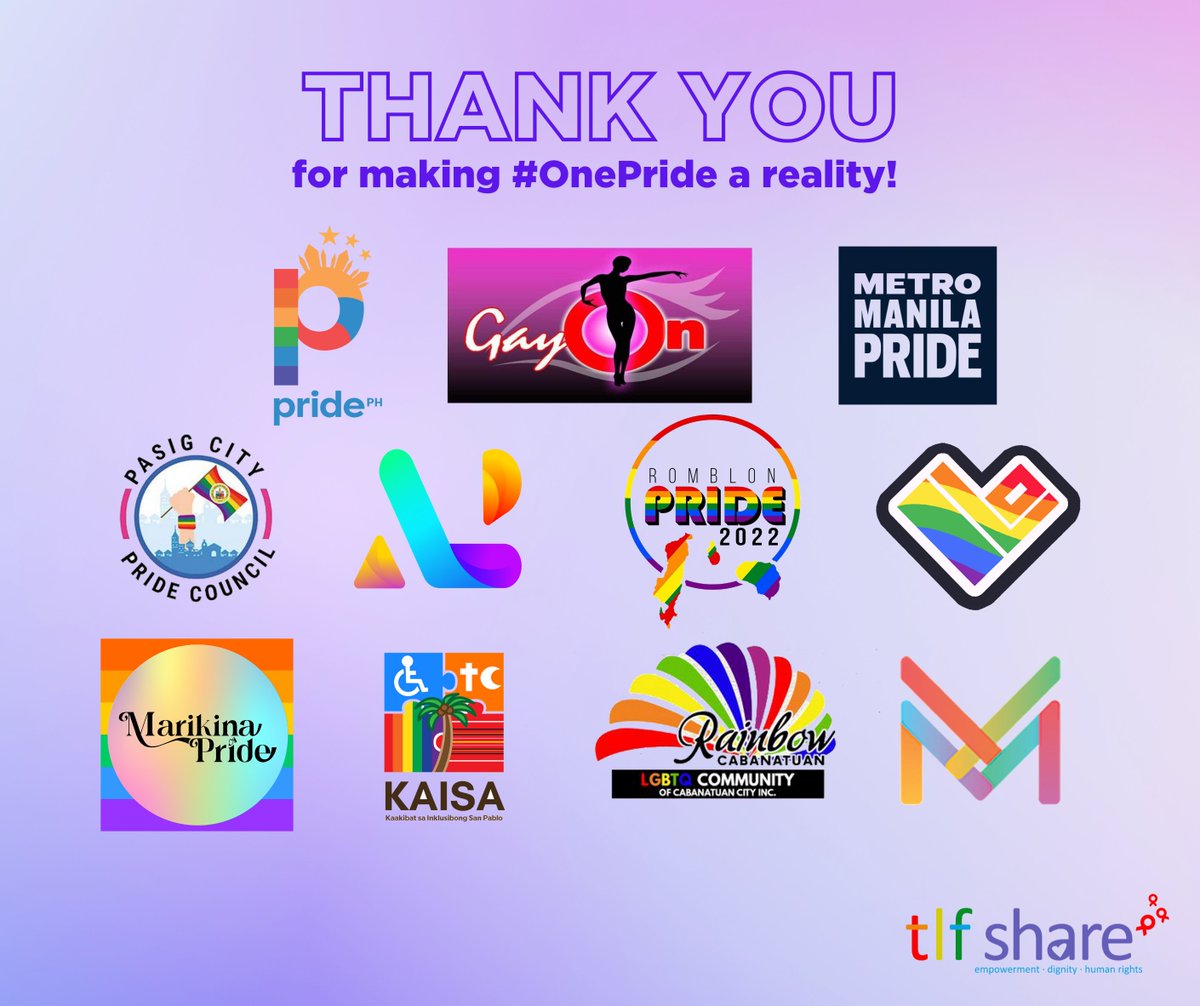 tlfshareph's tweet photo. We are #OnePride movement part of one big fight for human rights and equality. 🌈🏳️‍⚧️

We extend our warmest congratulations to all #Pride organizers all over the 🇵🇭. Let's keep marching on towards a more just and equal PH for all!✊🏽

#AlabForLove
#AtinAngKulayaan
#SOGIEEqualityNow https://t.co/B59SsgY7i9