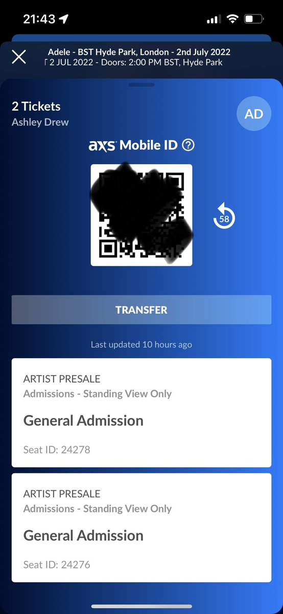 2No Adele Tickets General admission for this Saturday. 
Transfered through the AXS app