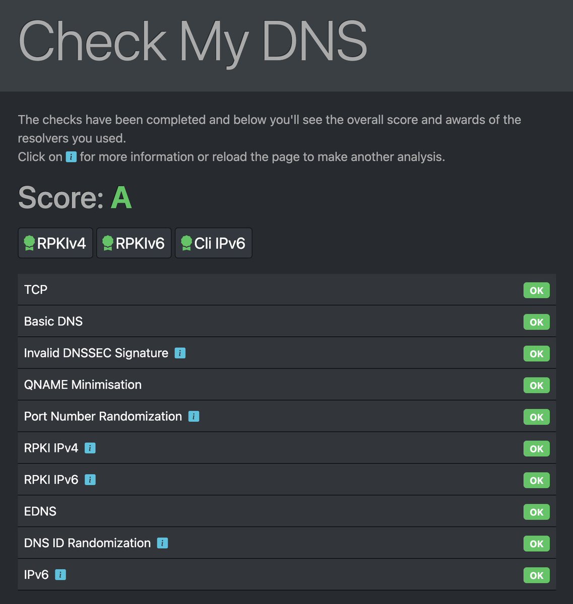 "Check My DNS" (#CMDNS) by <a href="/dnsoarc/">DNS-OARC</a> analyzes how you use #DNS as a client by testing your configured resolver: tcmdns.dev.dns-oarc.net/slim/
More around this will be presented at upcoming #OARC38: dns-oarc.net/oarc38